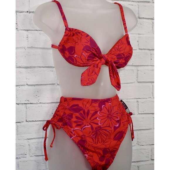 Adore Me Bikini Top & High Waist Bottom Set Red Joyful Daisies Size Medium NWT - Picture 3 of 13
